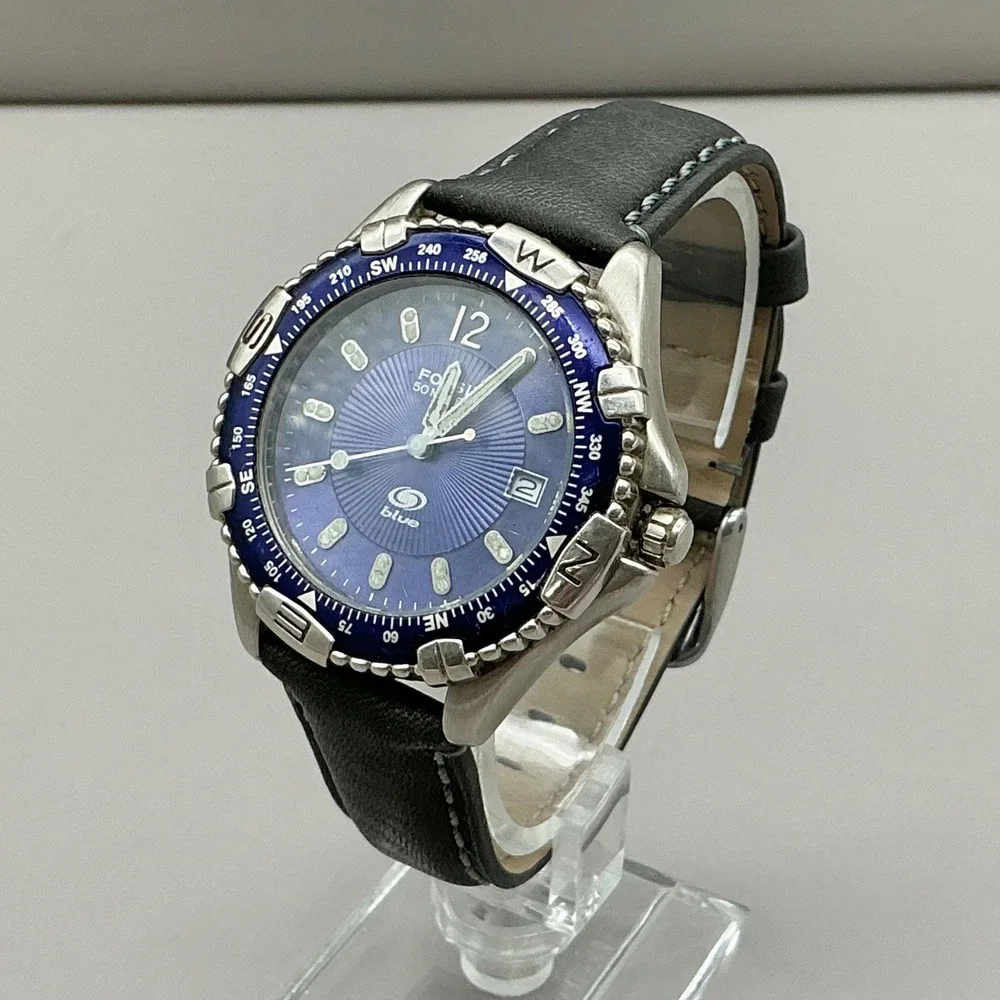 Fossil Watch Mens Silver Tone Blue Dial Black Leather Band AM-3060 NEW BATTERY